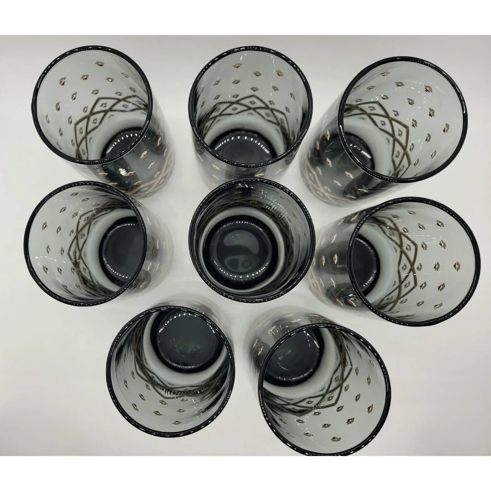 Set‎ of 8 Vintage Libbey Apollo Smoky Gray Highball Glasses MCM Geometric Orange